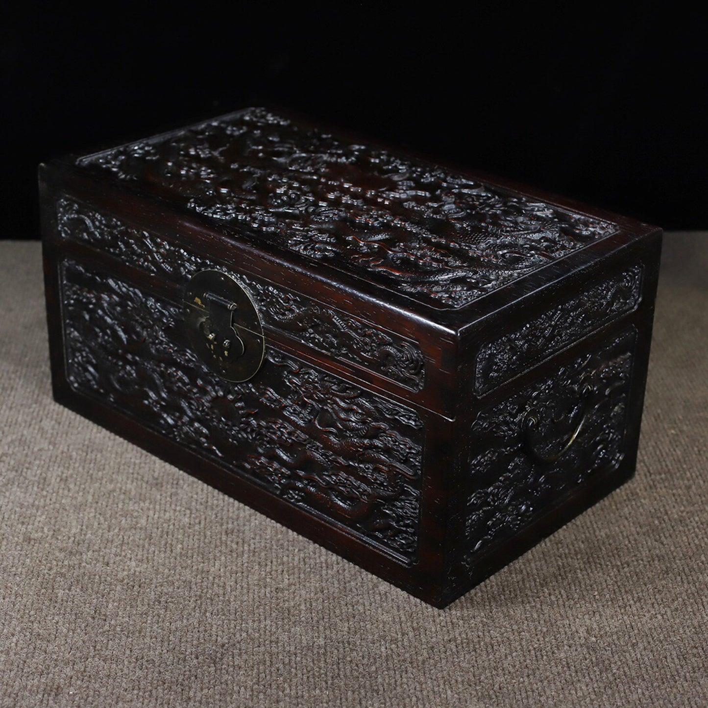 Chinese antique rosewood carving with auspicious dragons and multiple treasure boxes