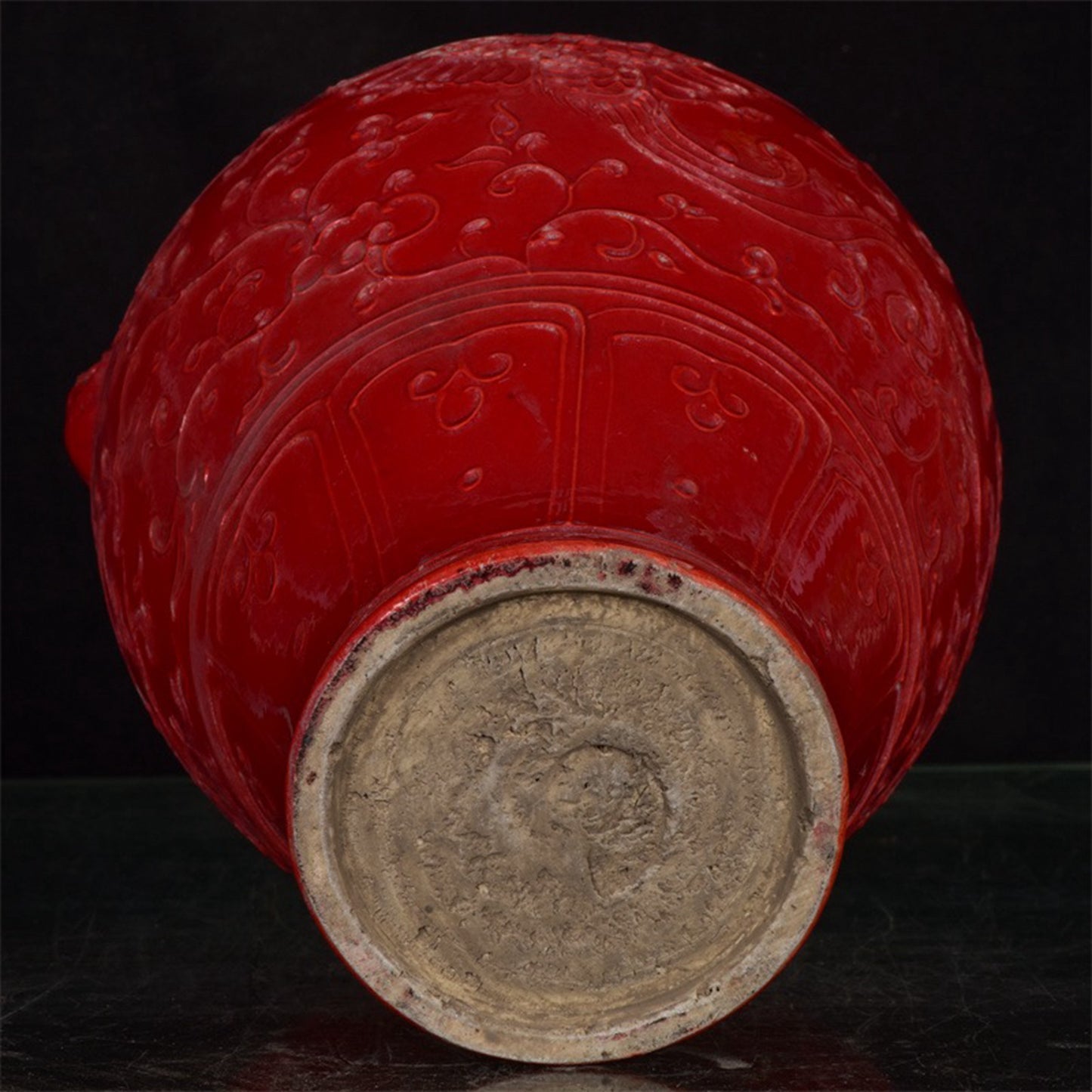 Chinese Antique Red Glazed Relief Phoenix Pattern Double Lion Ear Plum Vase