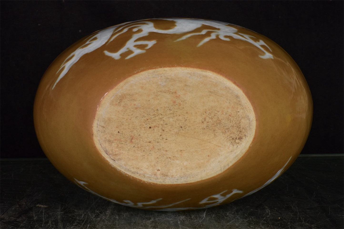 Chinese Antique Sauce Glazed White Dragon Pattern Double Ear Moon Embracing Bottle