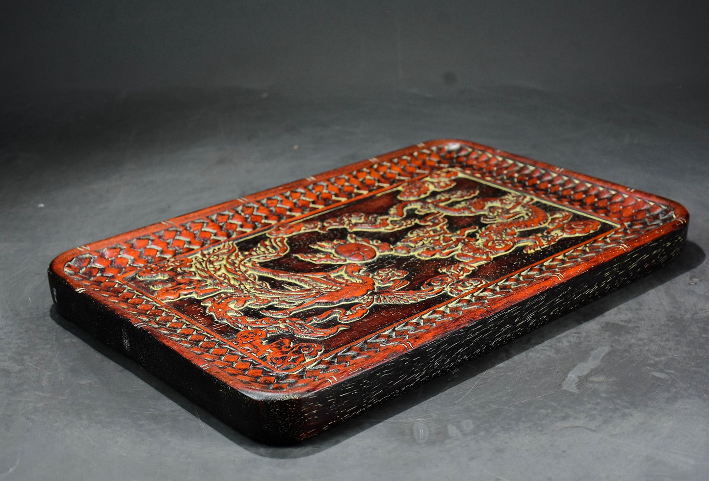 Purple sandalwood carved dragon and phoenix auspicious tea plate
