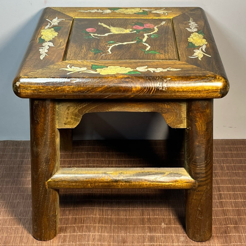 Pear wood inlaid shell carved square stool