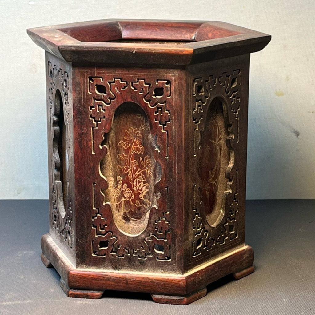 Red acid branch wood carved hexagonal pen holder ornament