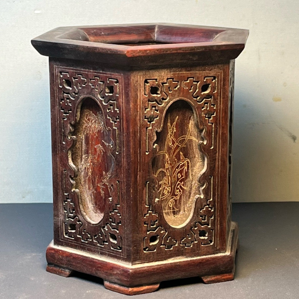 Red acid branch wood carved hexagonal pen holder ornament