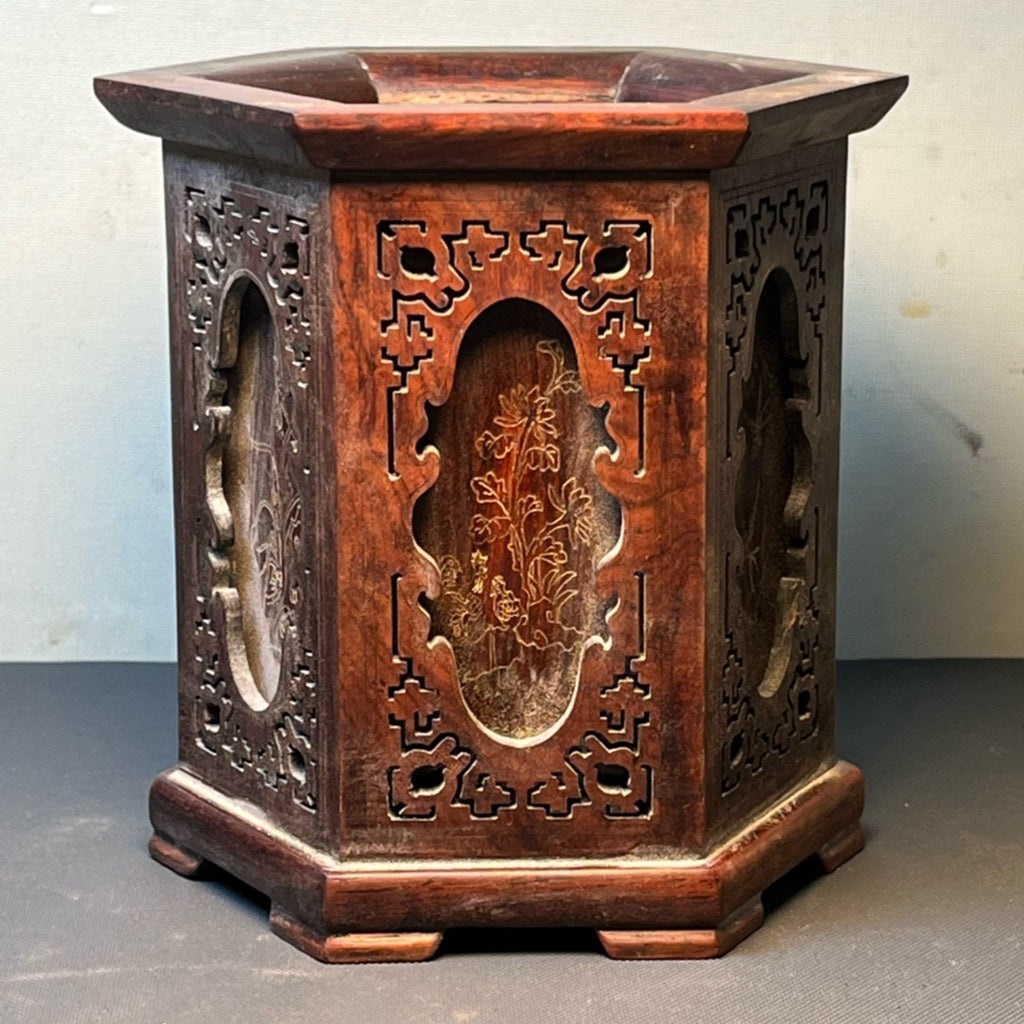 Red acid branch wood carved hexagonal pen holder ornament