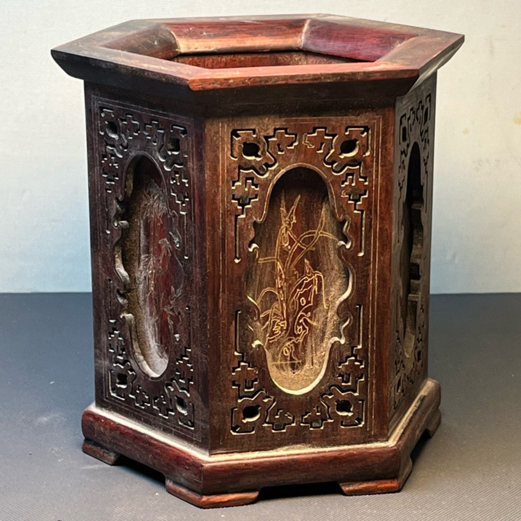 Red acid branch wood carved hexagonal pen holder ornament