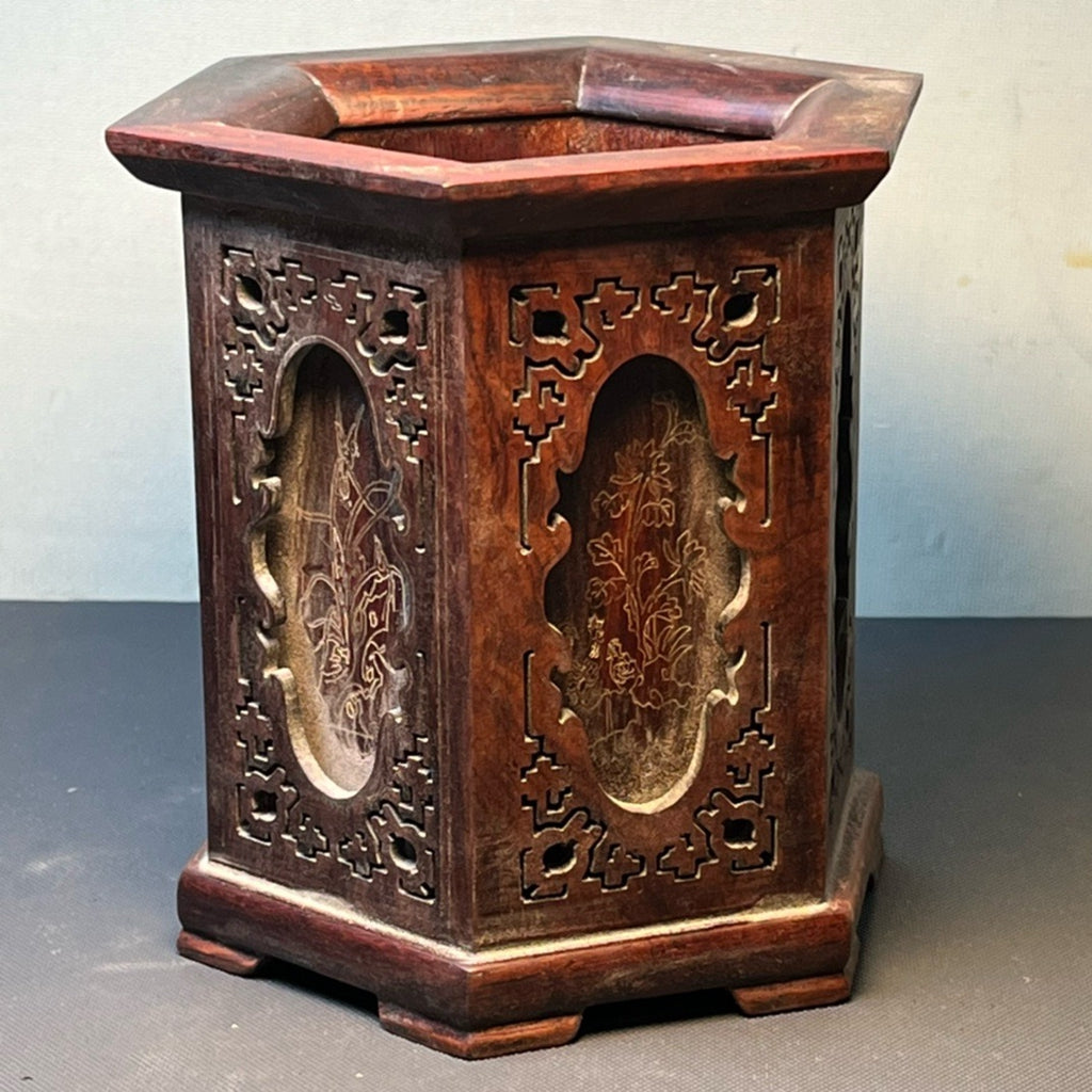 Red acid branch wood carved hexagonal pen holder ornament