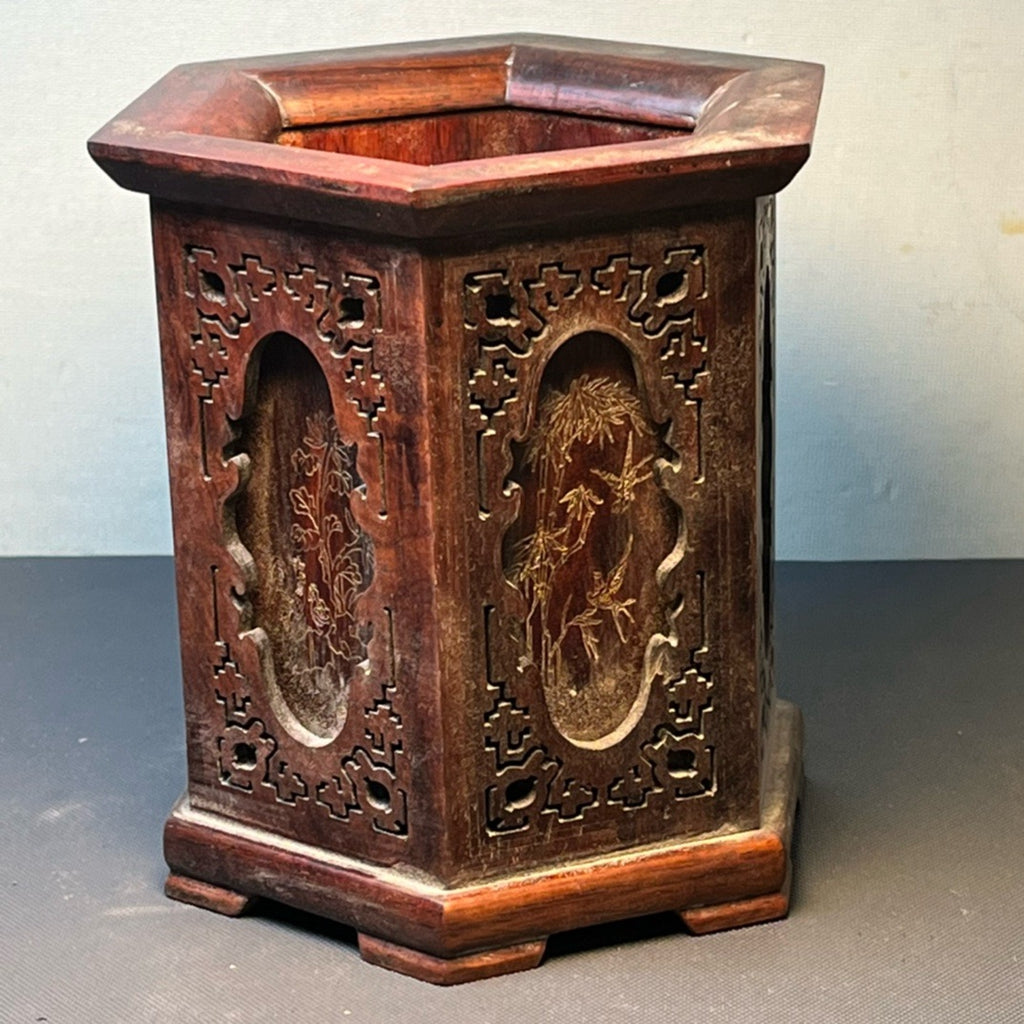 Red acid branch wood carved hexagonal pen holder ornament