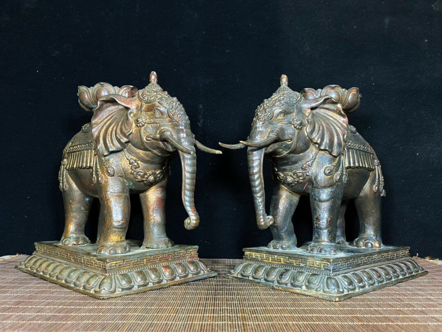 A pair of Chinese antique pure copper elephant lotus wax stands