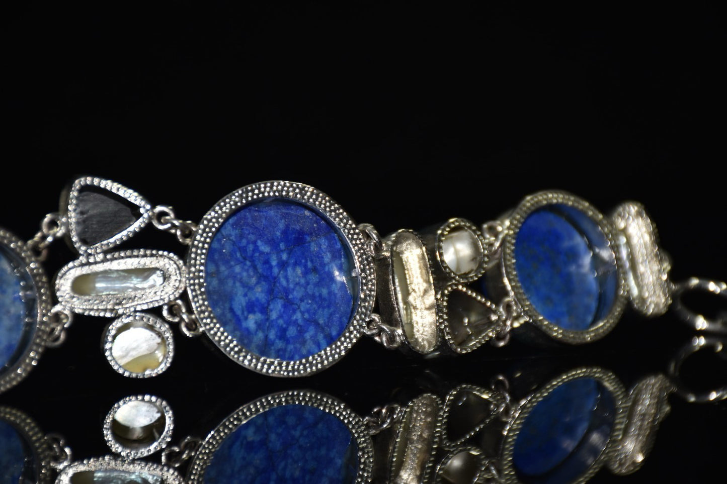 Chinese antique silver inlaid lapis lazuli shell bracelet ornament