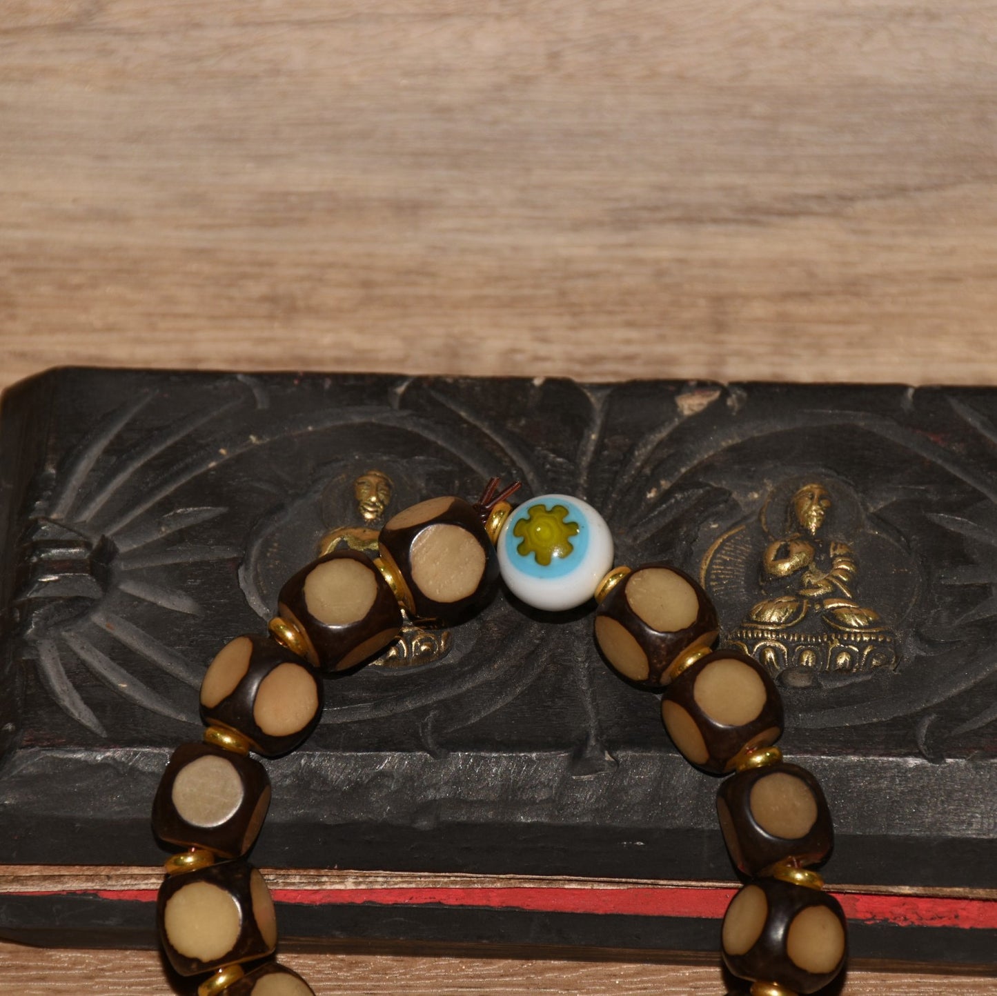 Early collection of Xizang Bodhi with green pine colored glass beads bracelet