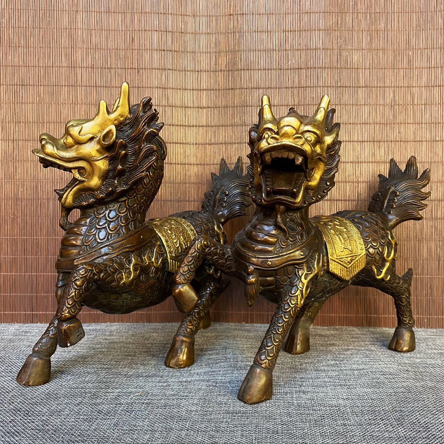 A pair of Chinese antique pure copper qilin