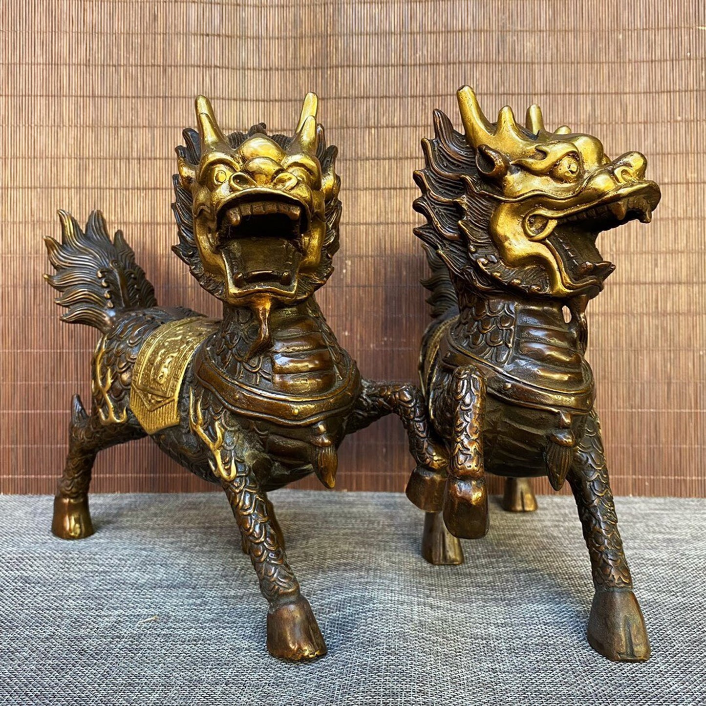 A pair of Chinese antique pure copper qilin