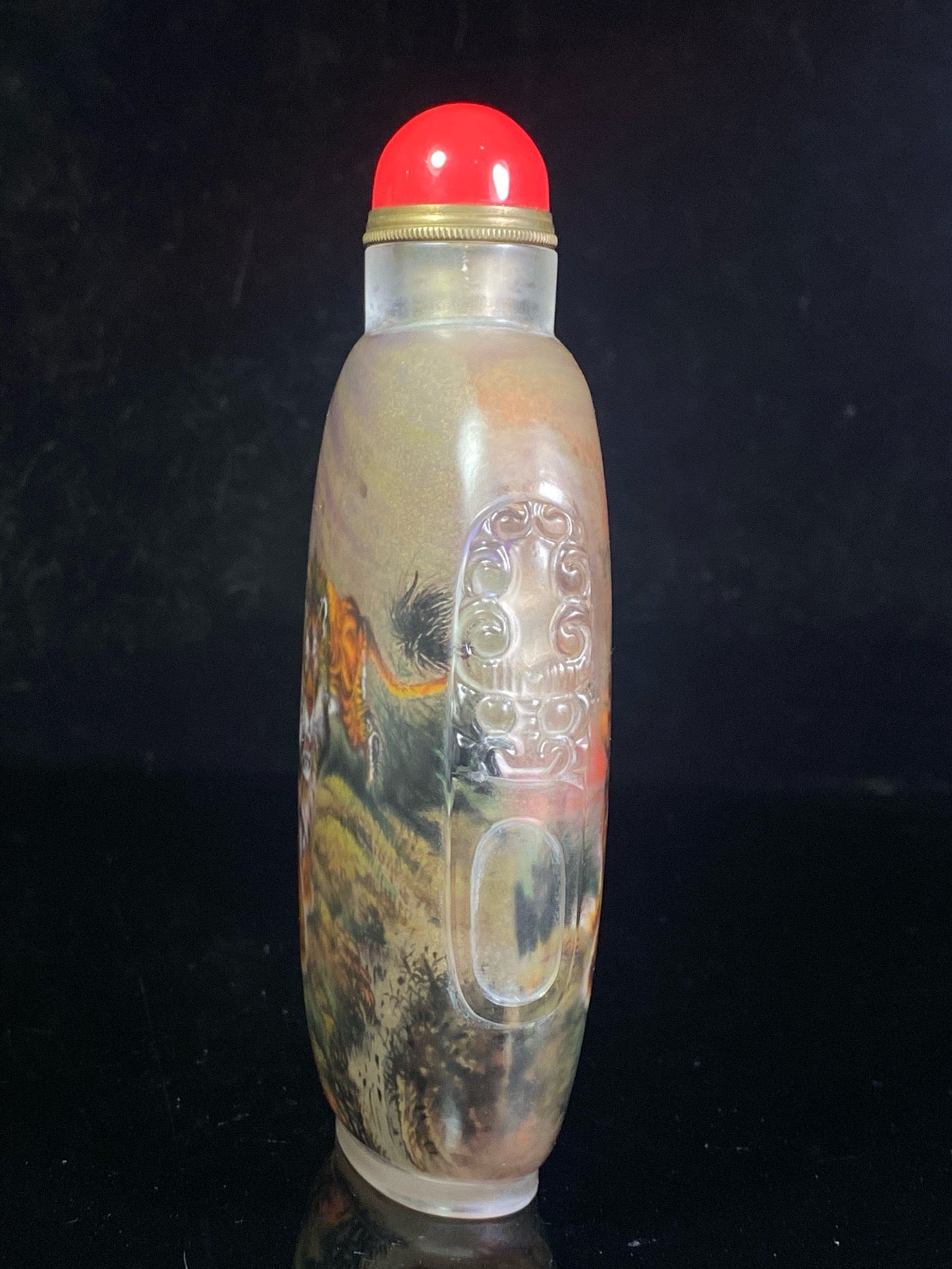 Chinese antique glass carved animal ear painted snuff bottle