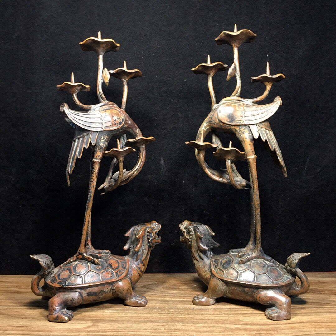 A pair of Chinese antique pure copper turtle and crane wax platforms