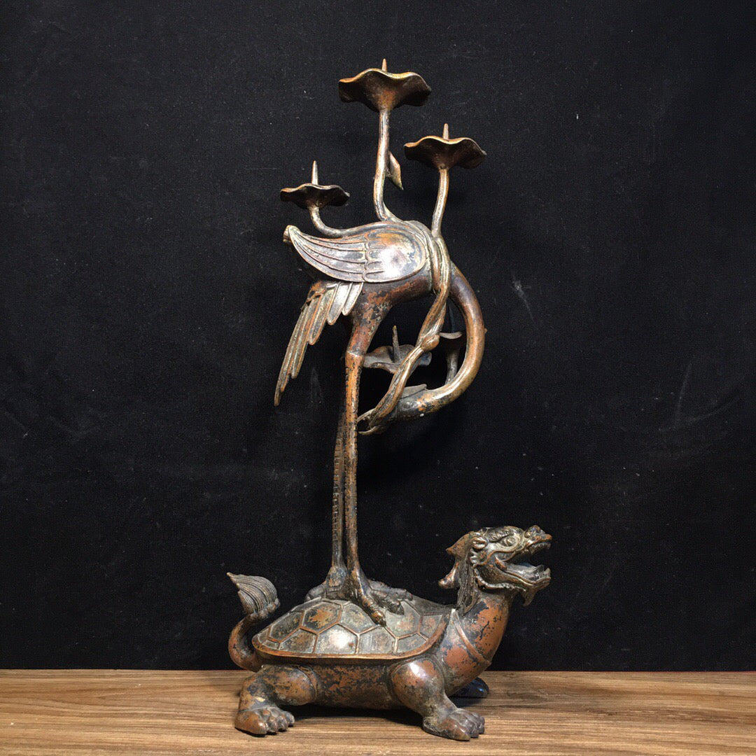 A pair of Chinese antique pure copper turtle and crane wax platforms