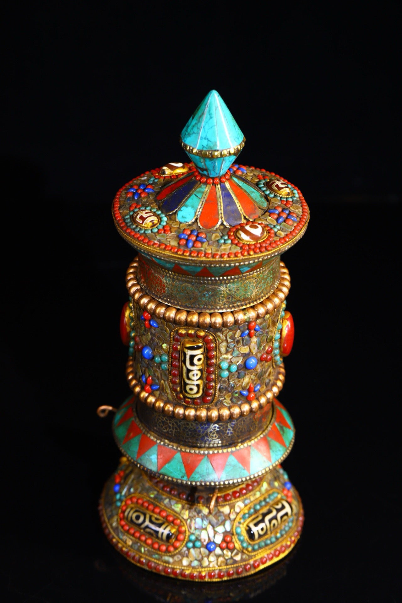 Silver handmade tapping, carving, gemstone inlay, spinning wheel