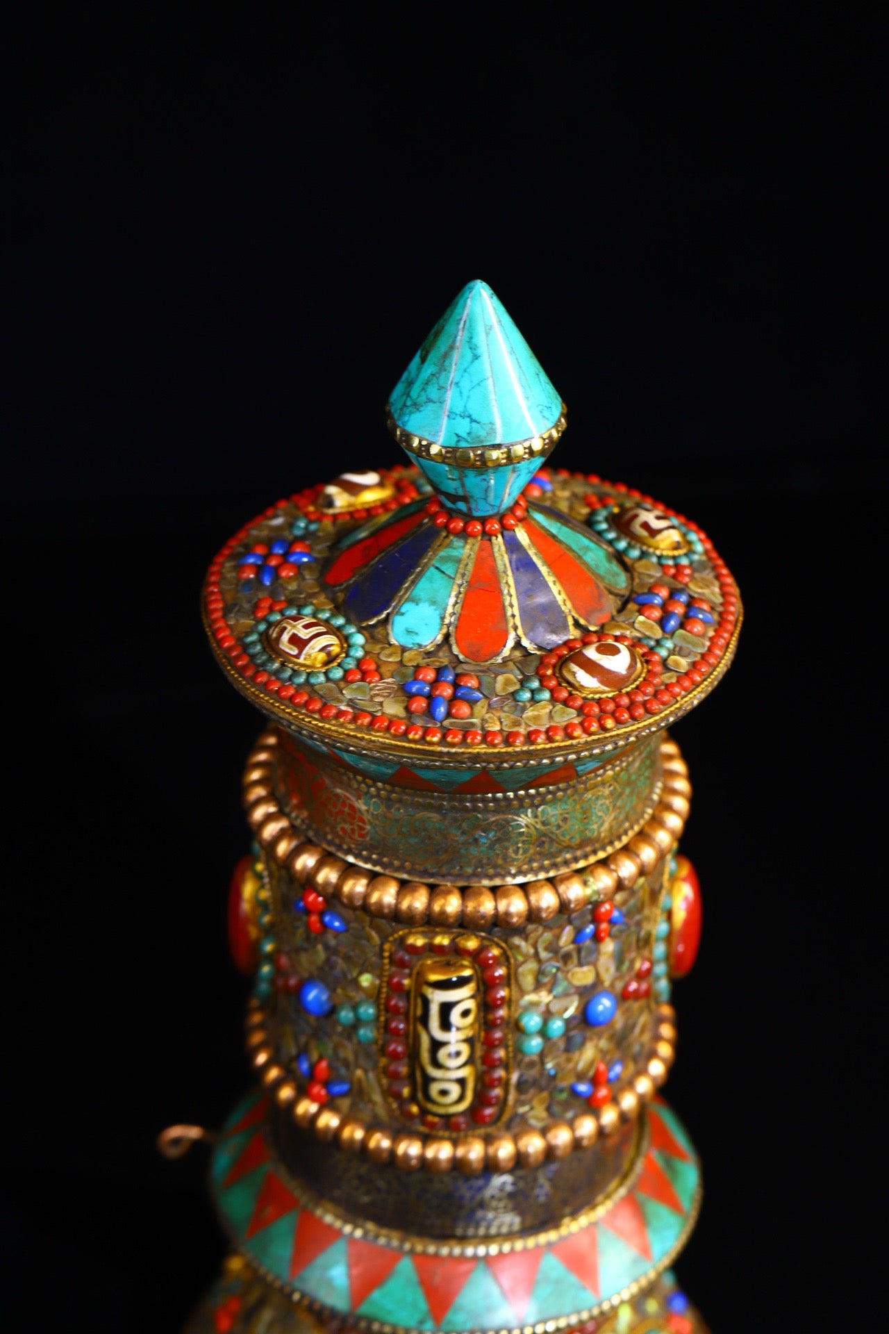 Silver handmade tapping, carving, gemstone inlay, spinning wheel