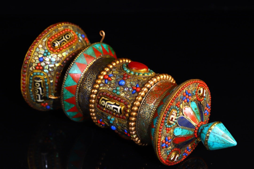 Silver handmade tapping, carving, gemstone inlay, spinning wheel