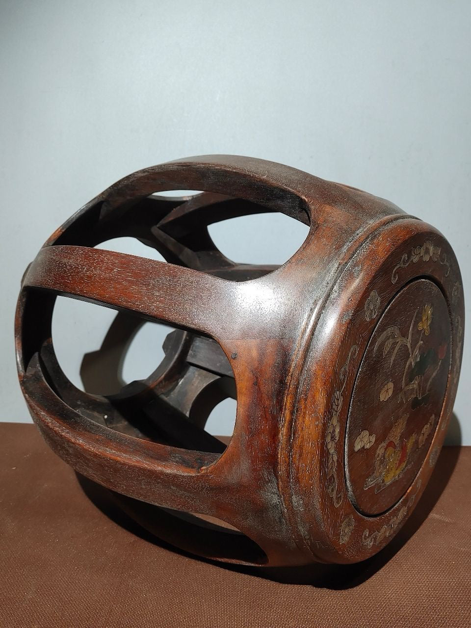 A pair of Chinese antique rosewood colored seashells and drum stools