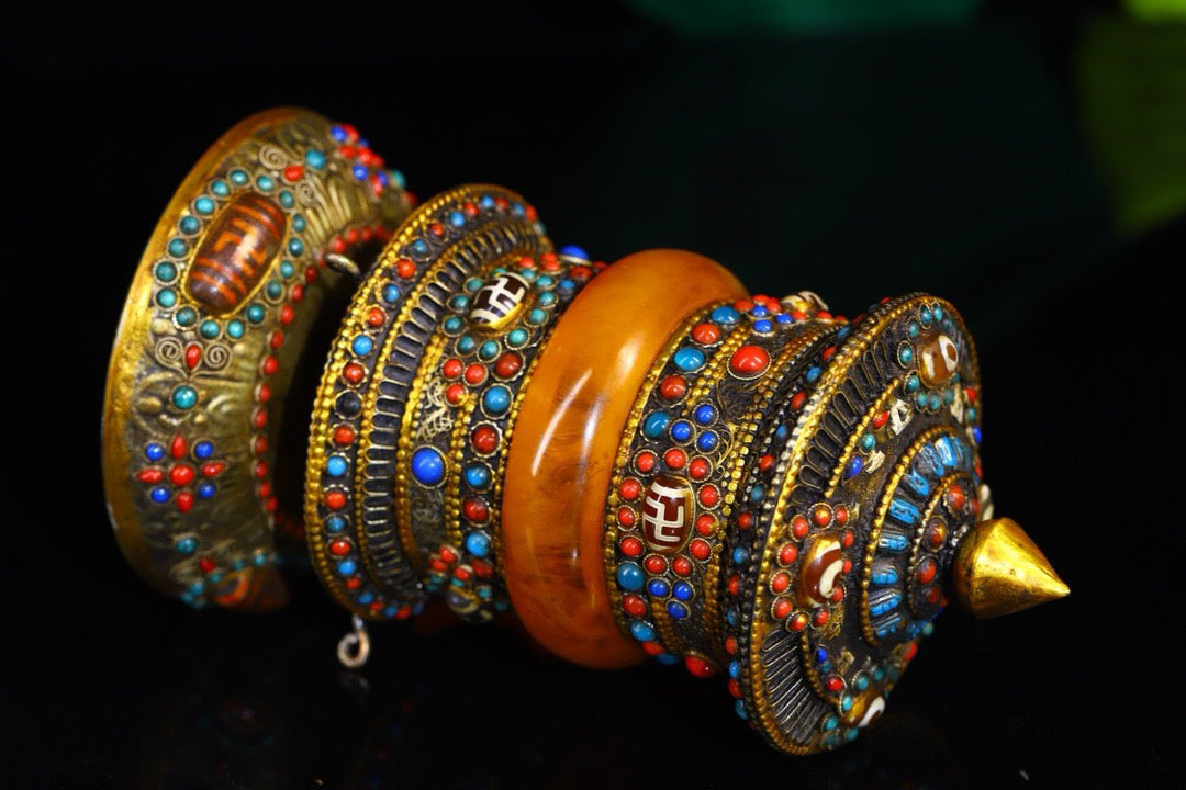 Silver handmade hammering, carving, gemstone inlay, celestial bead spinning wheel