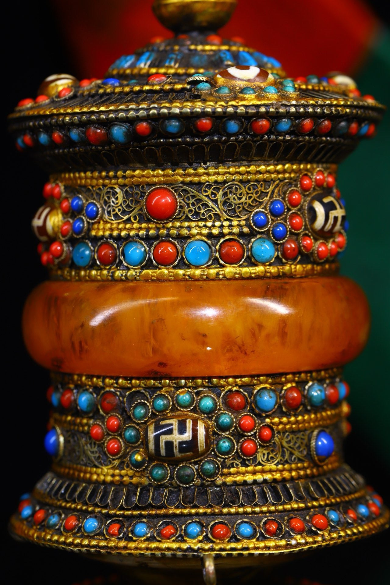 Silver handmade hammering, carving, gemstone inlay, celestial bead spinning wheel