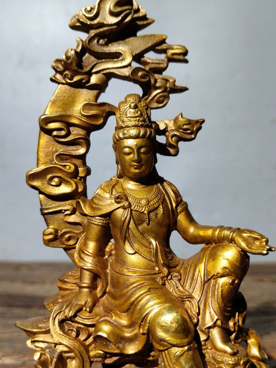 A Chinese antique pure copper statue of Guanyin Bodhisattva of Water and Moon