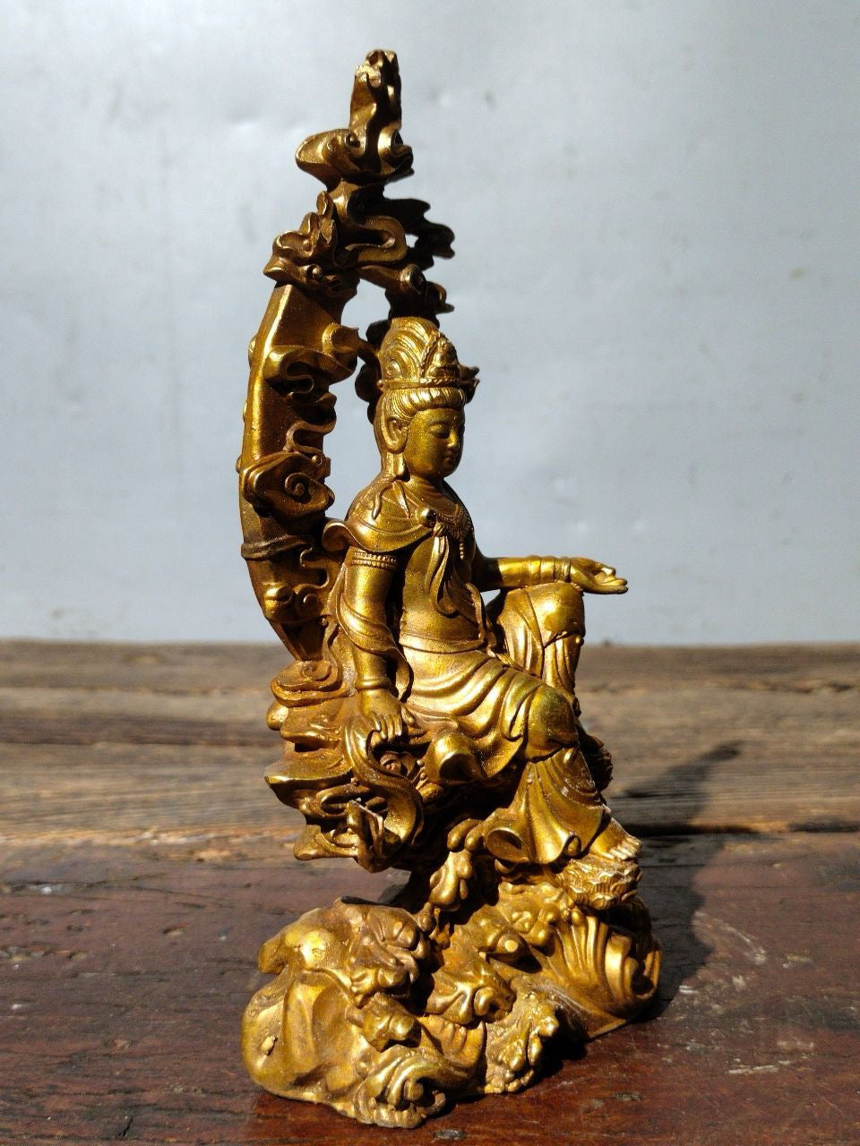 A Chinese antique pure copper statue of Guanyin Bodhisattva of Water and Moon