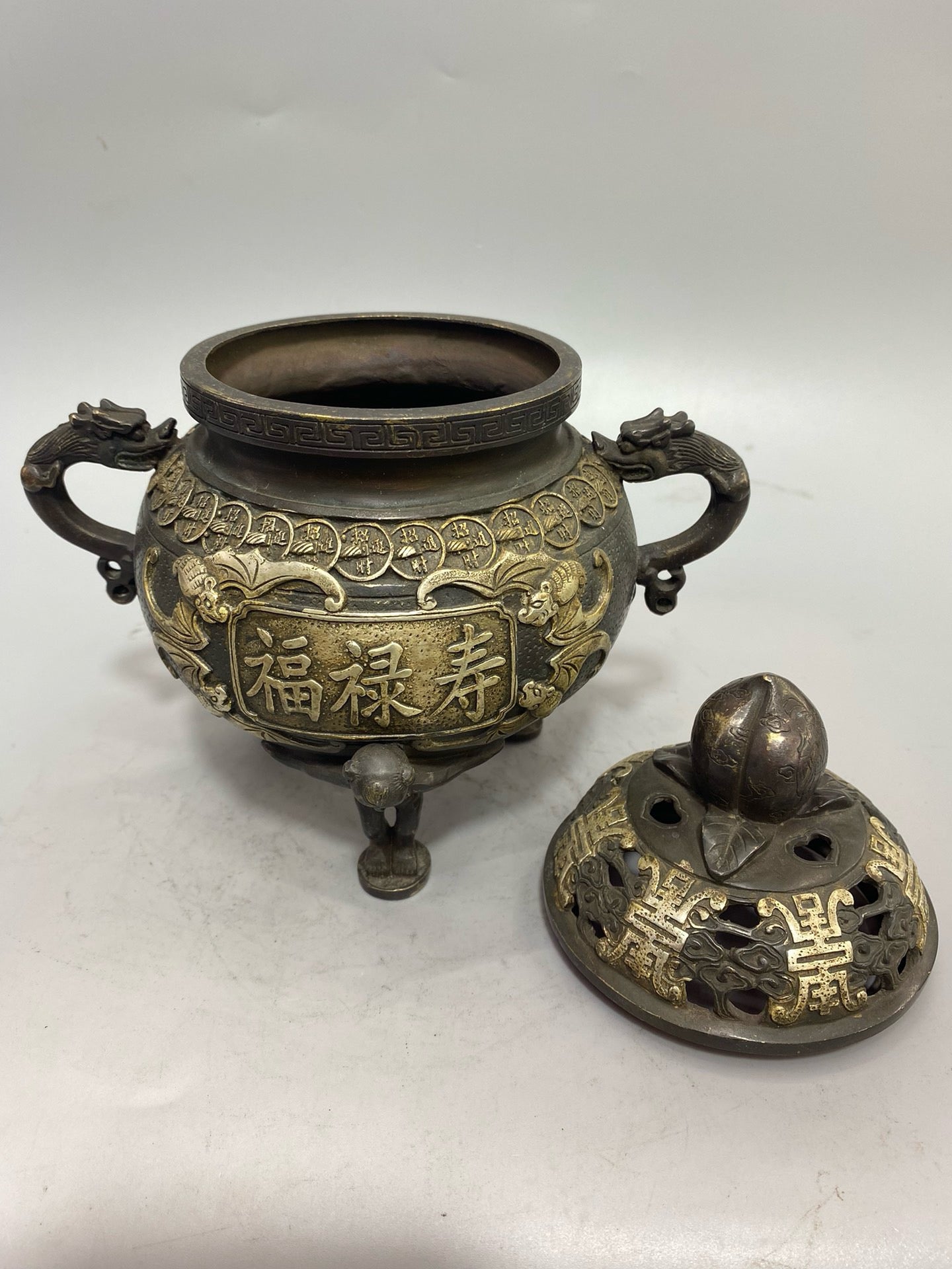 Chinese antique pure copper gilded silver lucky longevity aromatherapy stove