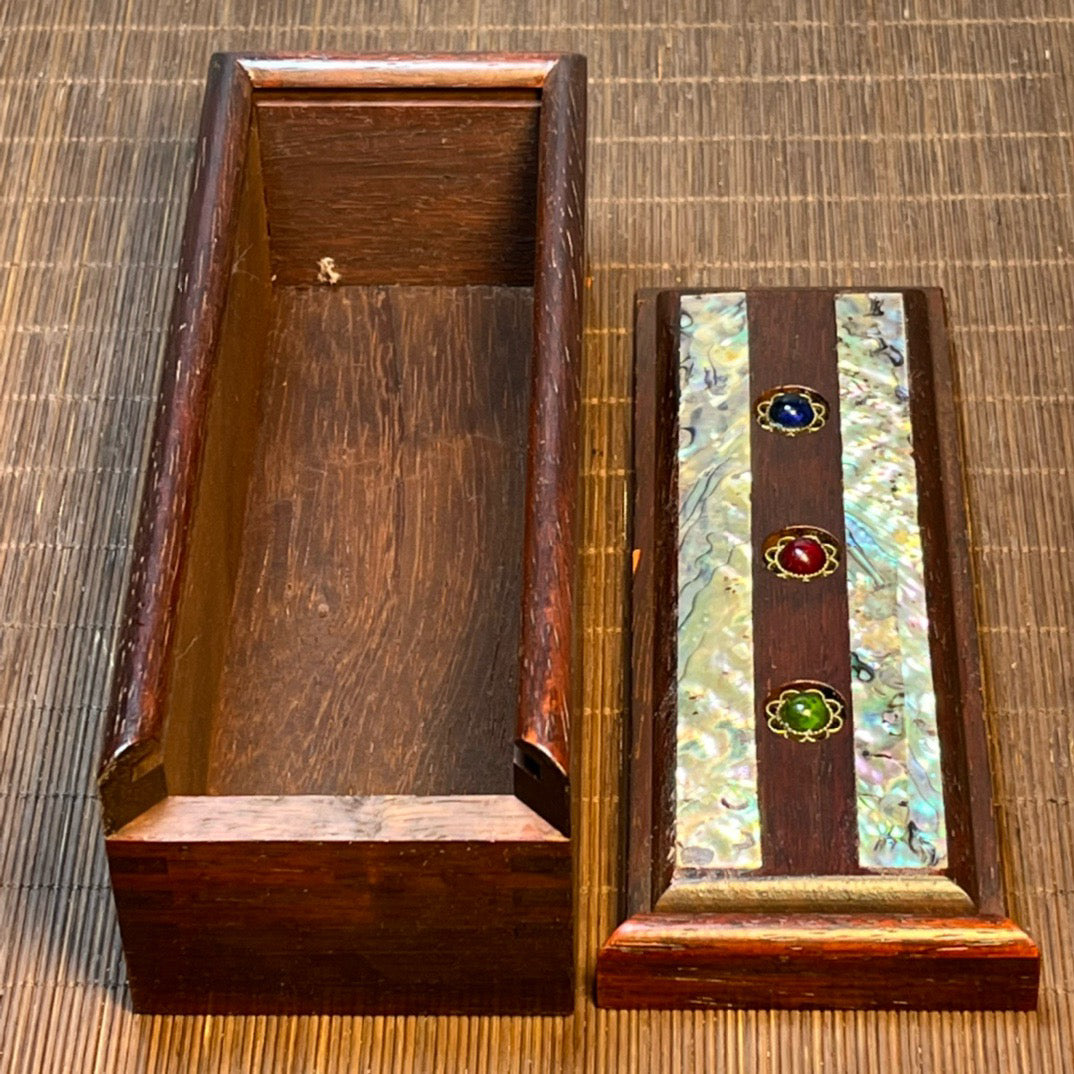 Chinese antique blood sandalwood box, carved rectangular storage box with shell and jade beads