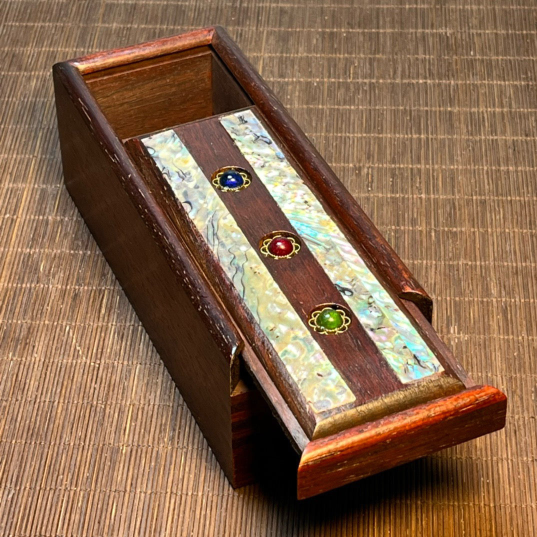 Chinese antique blood sandalwood box, carved rectangular storage box with shell and jade beads