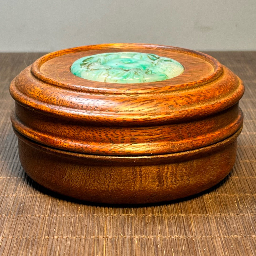 Chinese antique rosewood inlaid jade carving small circular handmade box