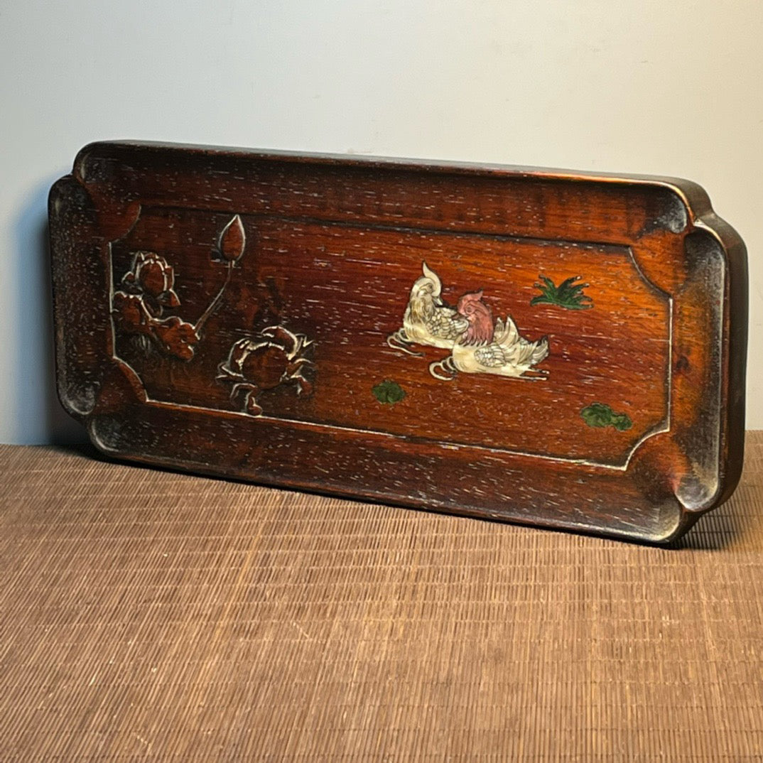 Chinese antique blood sandalwood inlaid with seashell carved tea plate ornaments