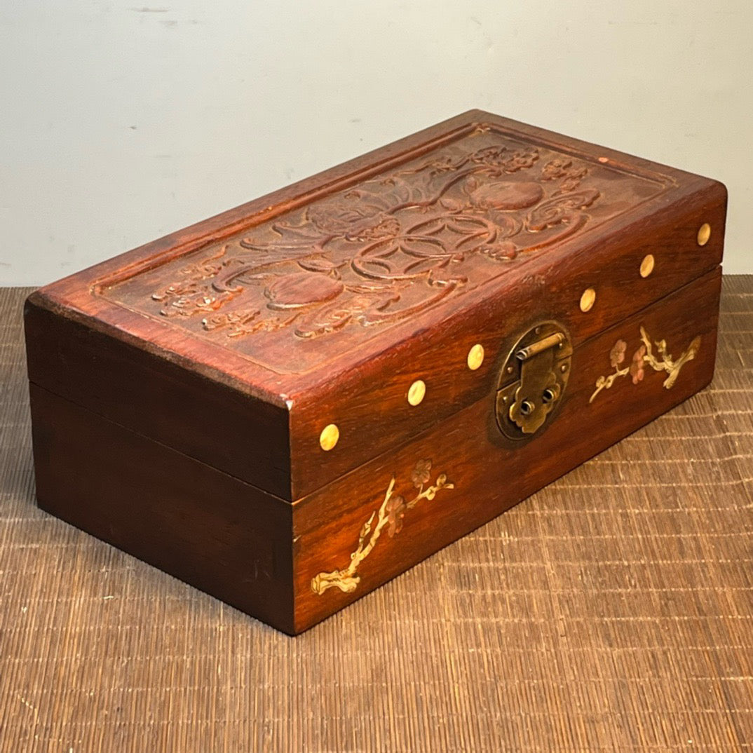 Ancient Chinese rosewood inlaid shell carving storage box, jewelry box