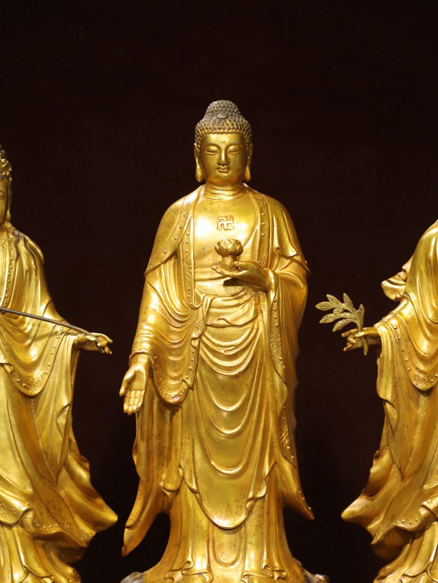 A set of bronze gilded Buddha statues of the Three Saints of the West