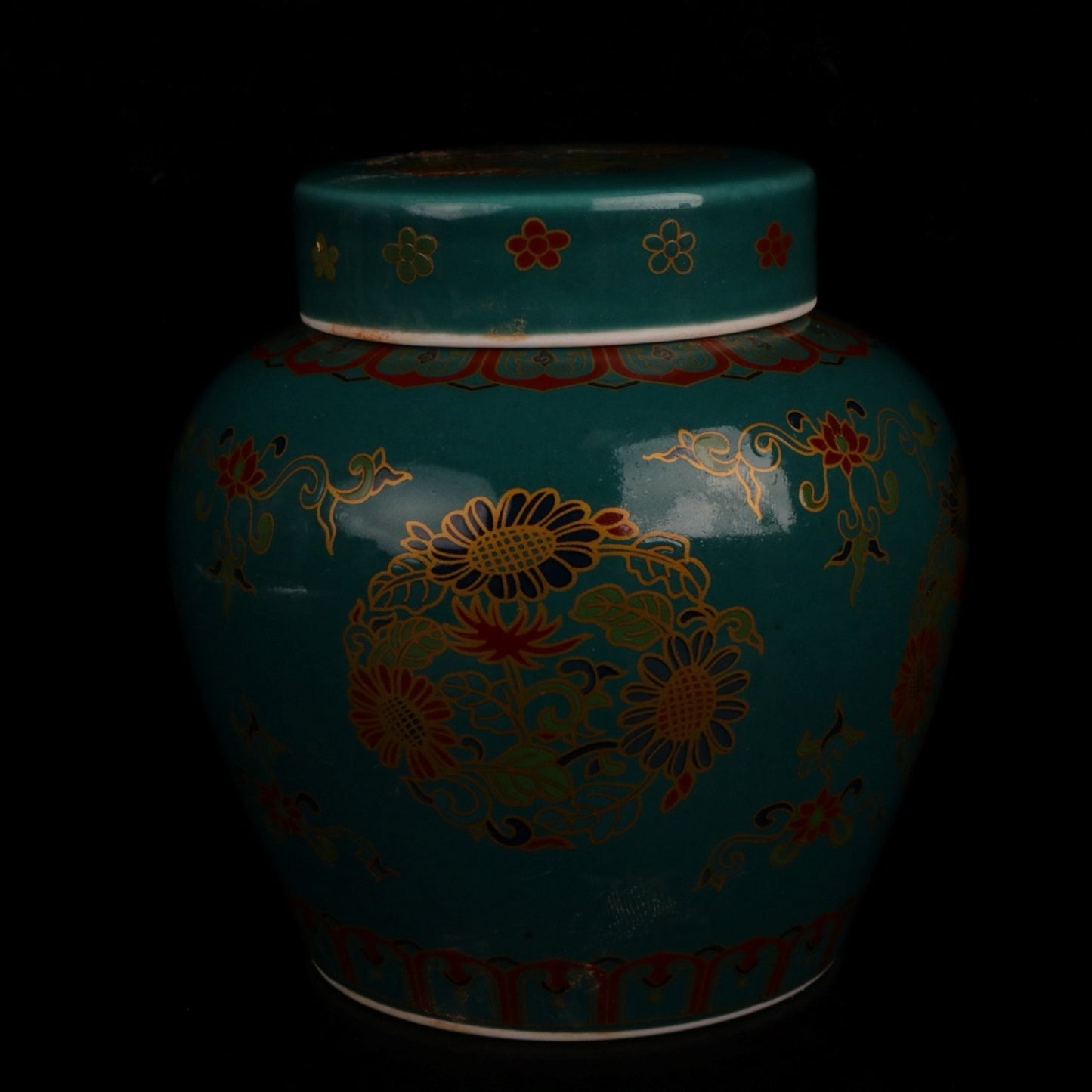 Lake Blue Glazed Pink Flower Pattern Skybone Jar