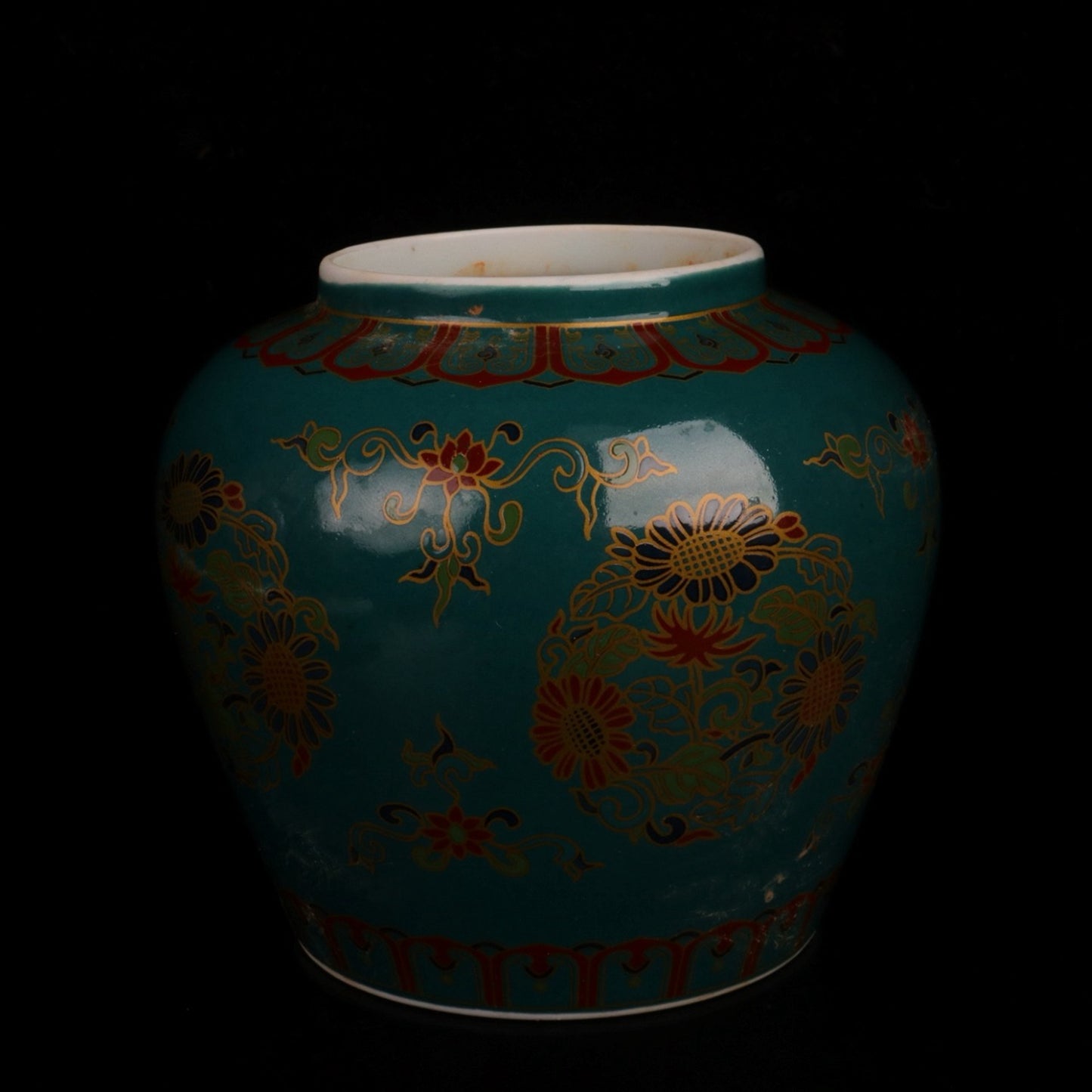Lake Blue Glazed Pink Flower Pattern Skybone Jar