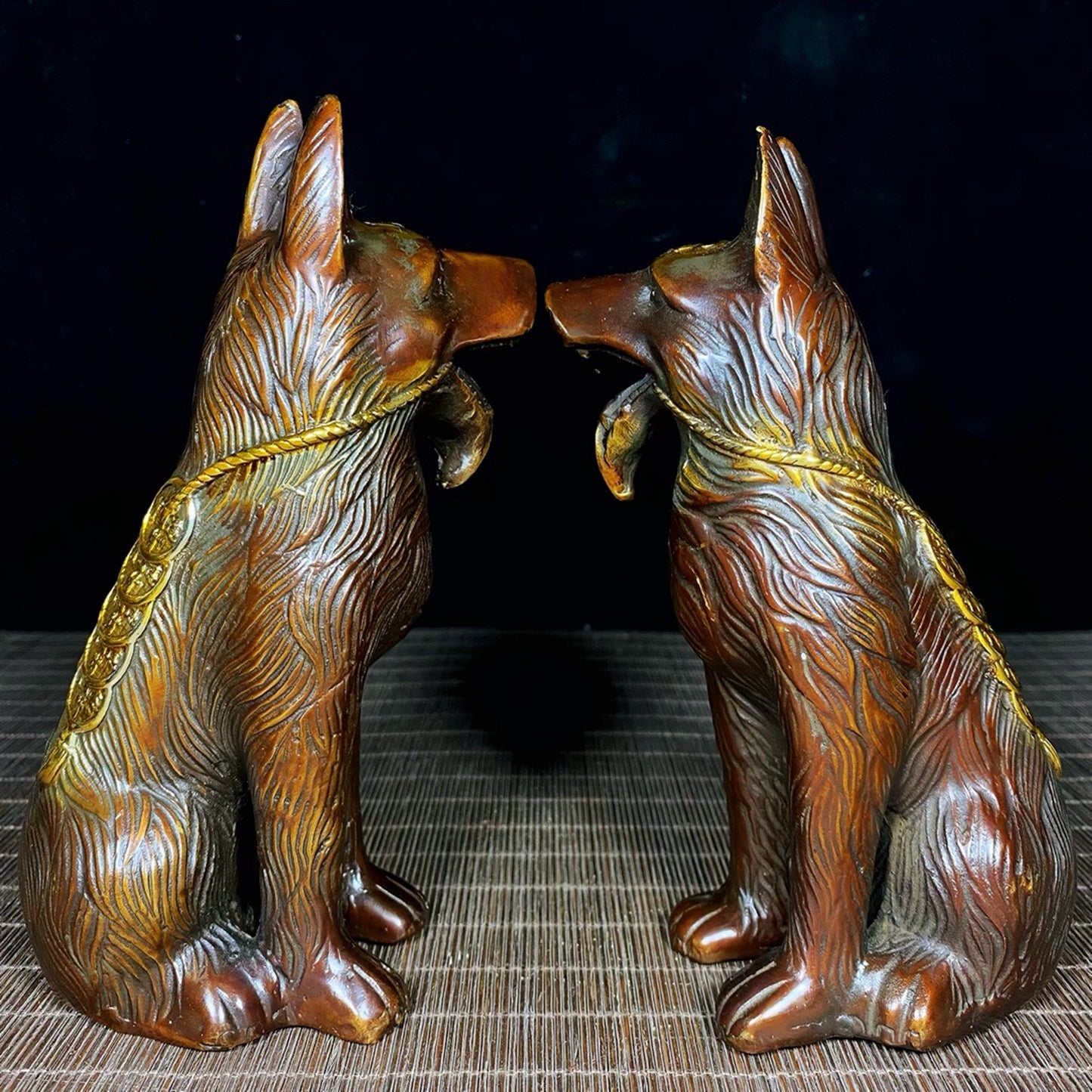 A pair of pure copper Dianjin Wangcai dogs