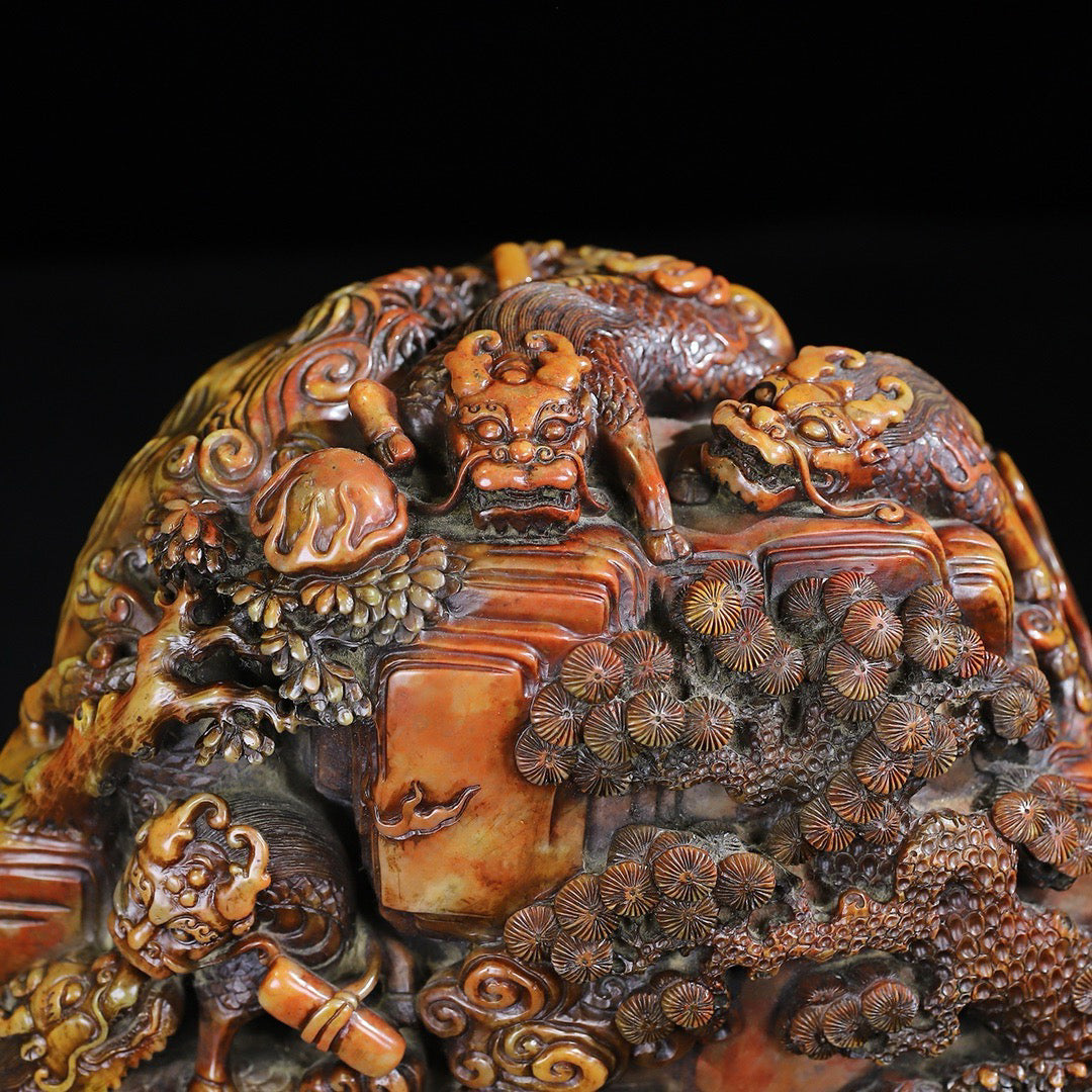 Shoushan Original Stone Qilin Offering Auspicious Seal Decoration