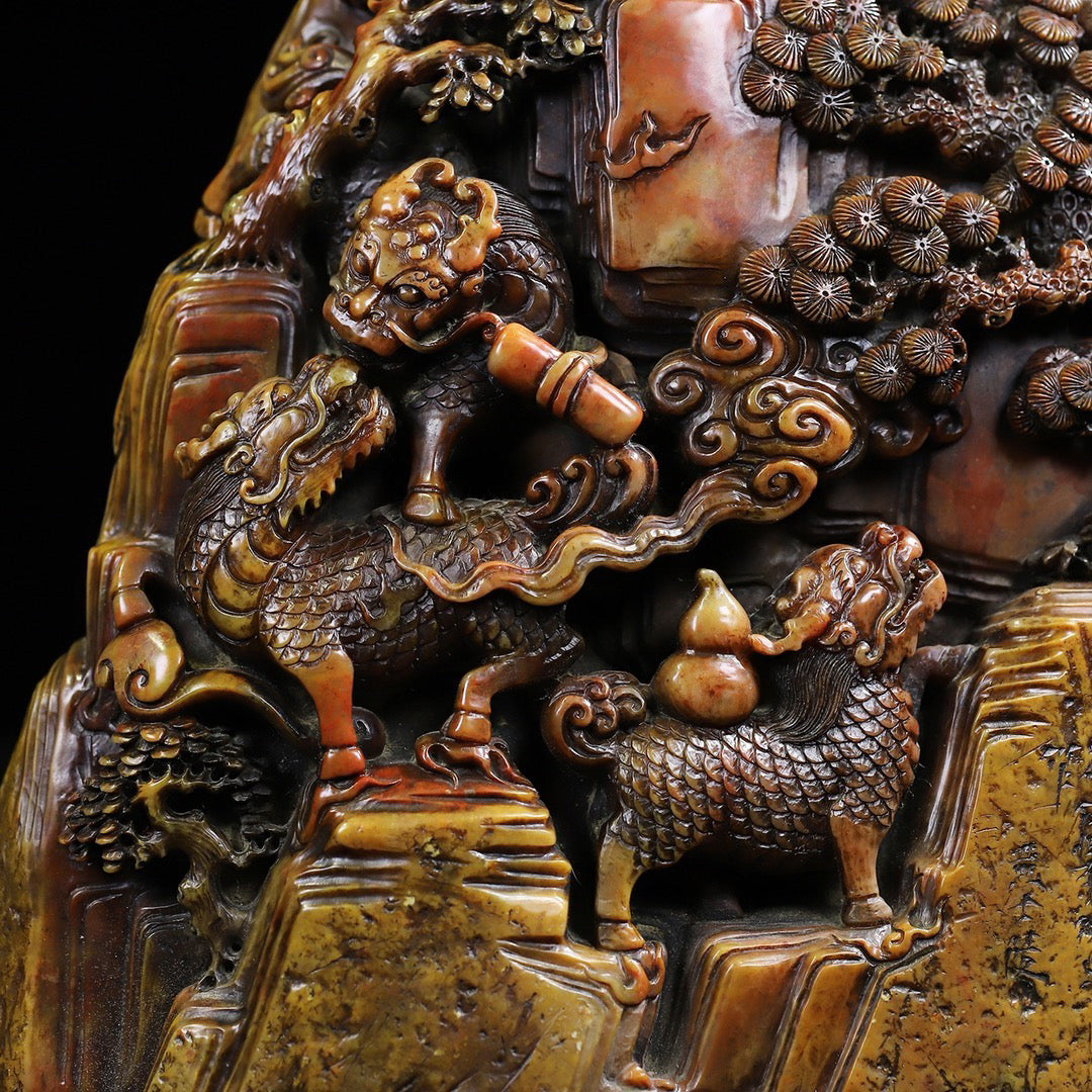 Shoushan Original Stone Qilin Offering Auspicious Seal Decoration