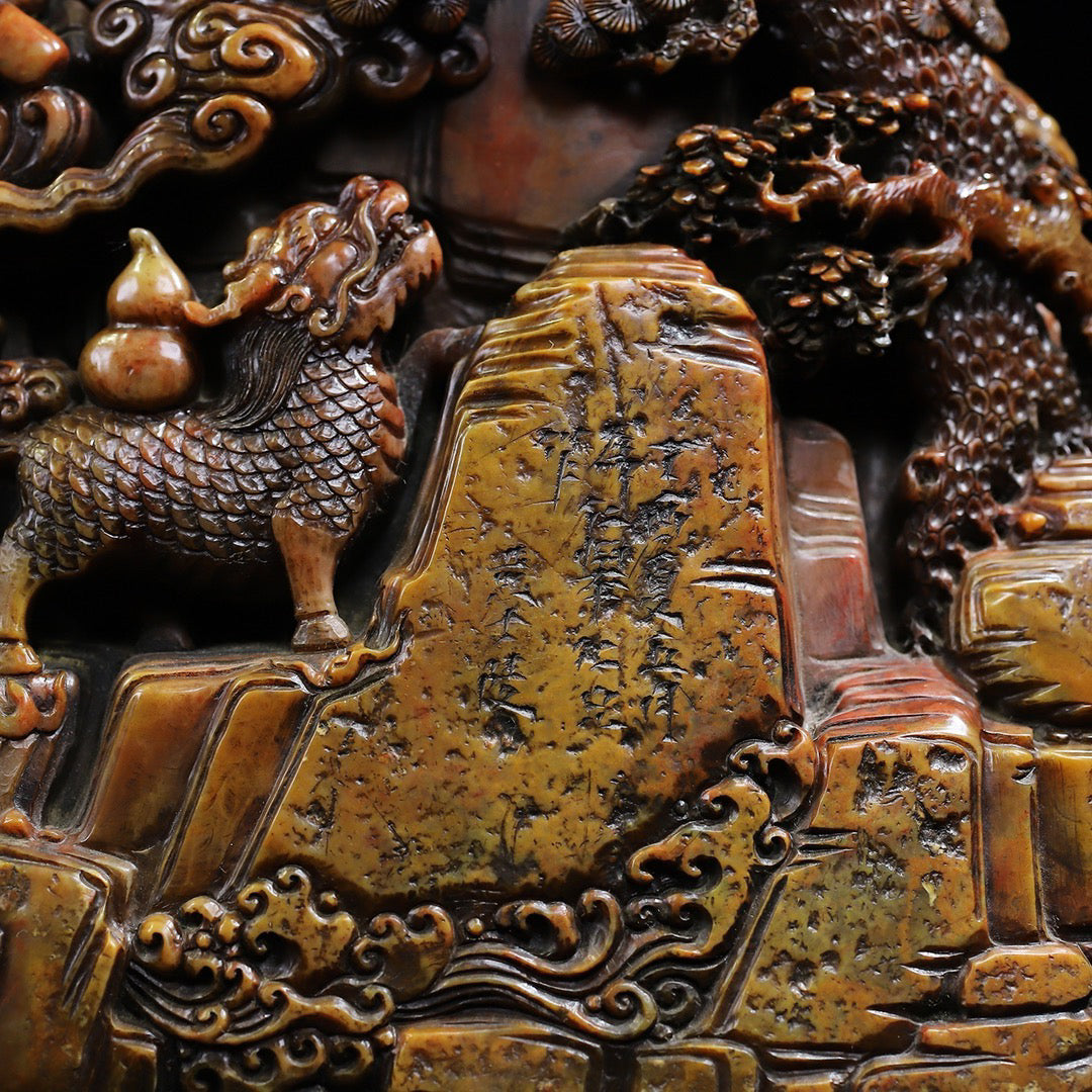 Shoushan Original Stone Qilin Offering Auspicious Seal Decoration