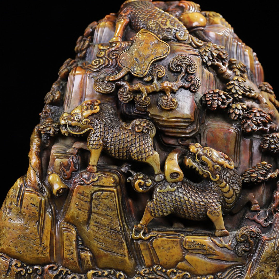 Shoushan Original Stone Qilin Offering Auspicious Seal Decoration