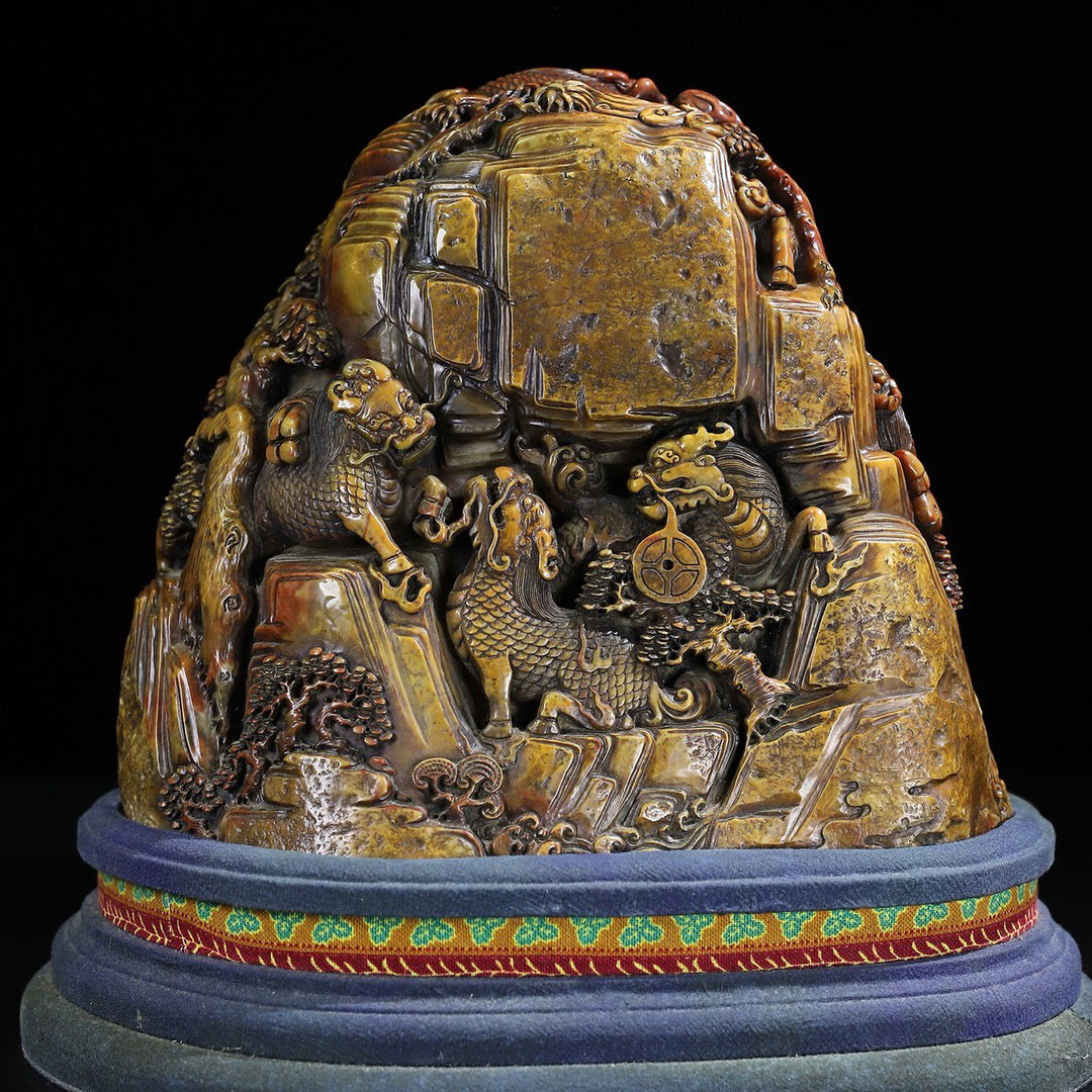 Shoushan Original Stone Qilin Offering Auspicious Seal Decoration