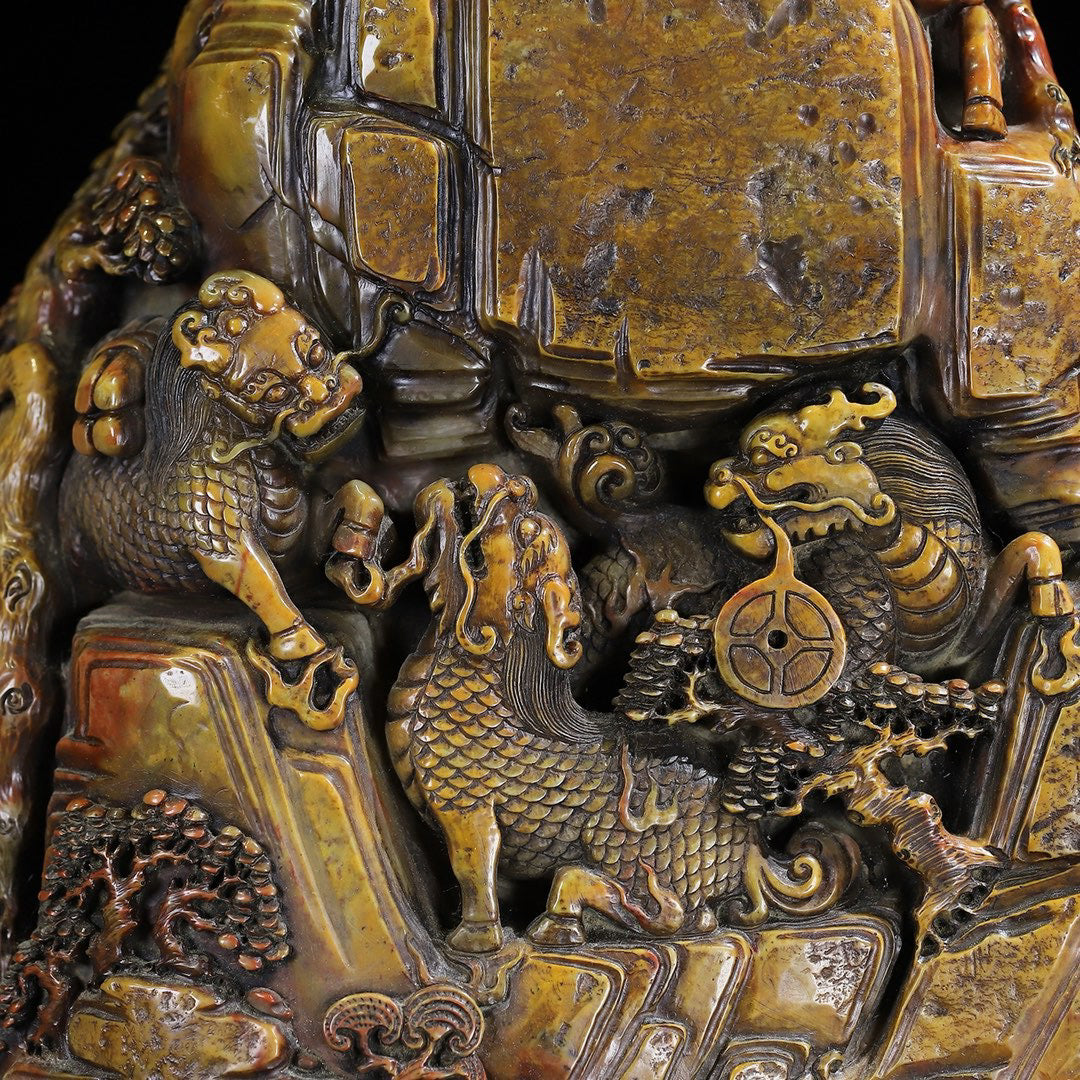 Shoushan Original Stone Qilin Offering Auspicious Seal Decoration