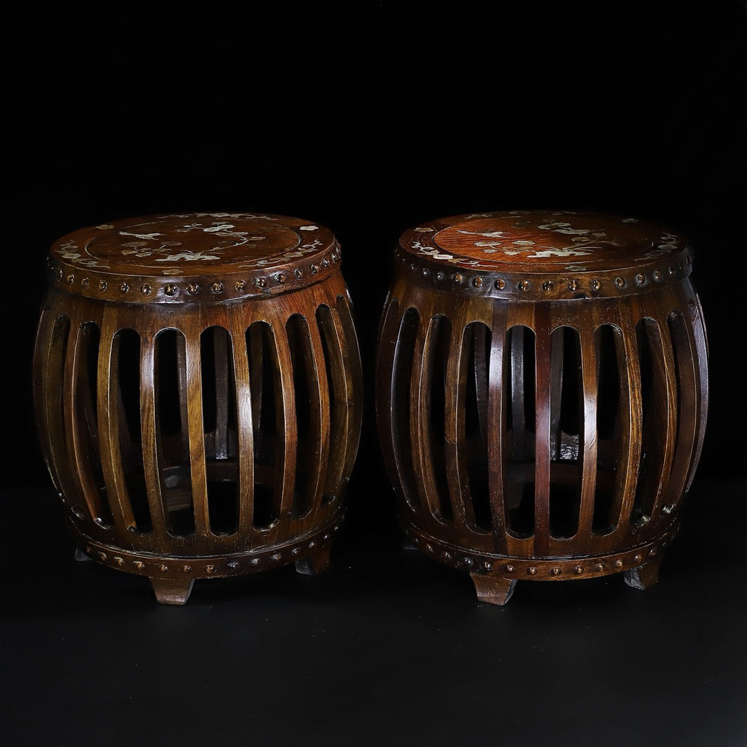 A pair of rosewood inlaid shell drum stools, round stools, and guzheng stools