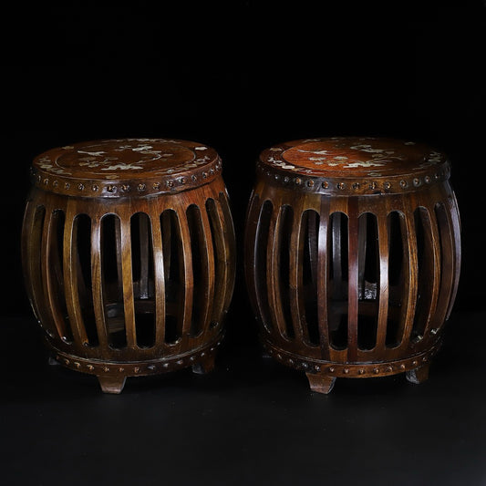 A pair of rosewood inlaid shell drum stools, round stools, and guzheng stools