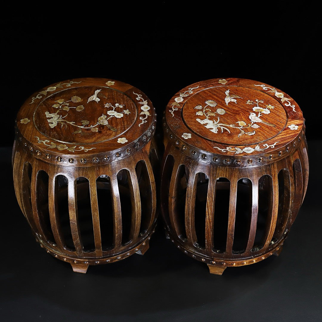 A pair of rosewood inlaid shell drum stools, round stools, and guzheng stools