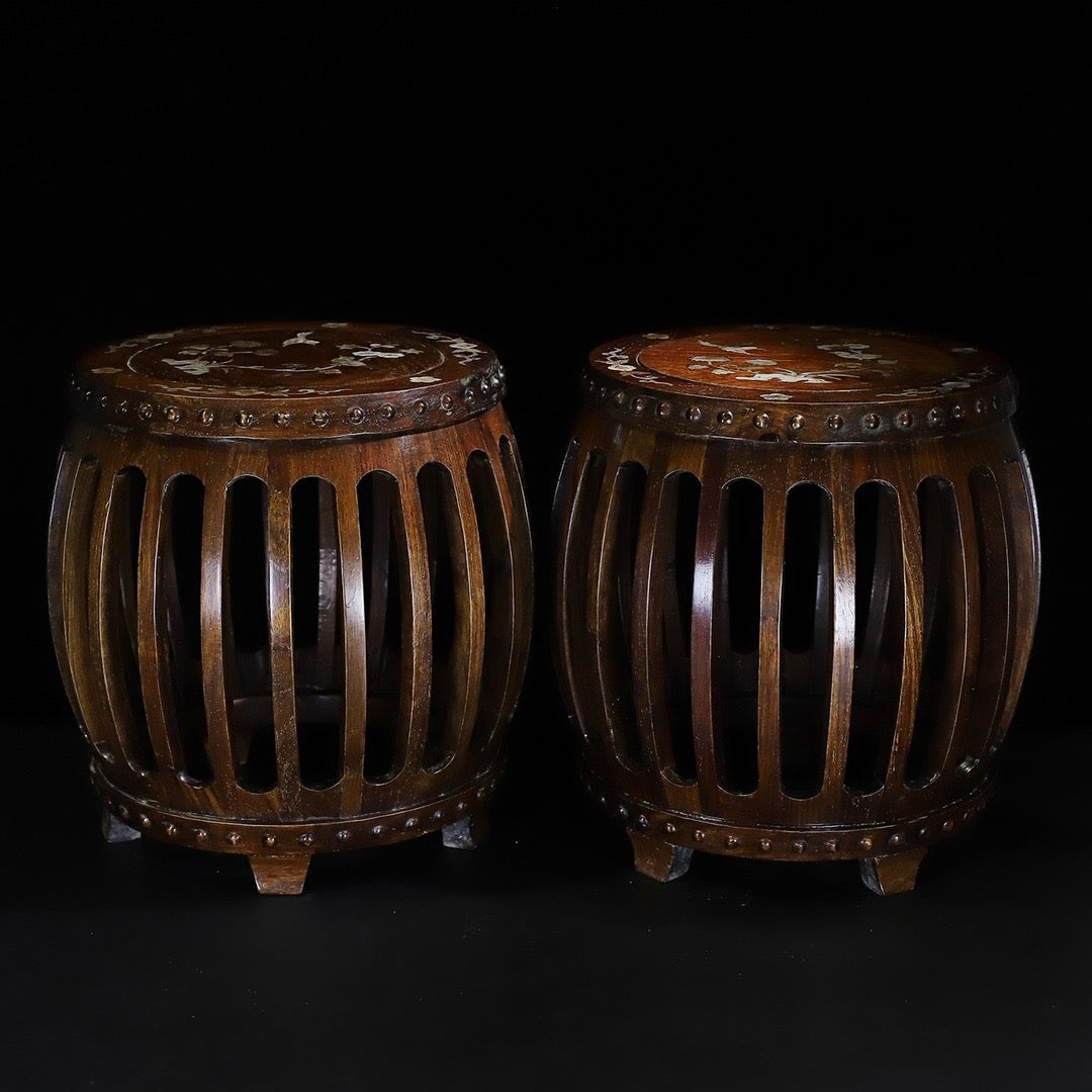 A pair of rosewood inlaid shell drum stools, round stools, and guzheng stools