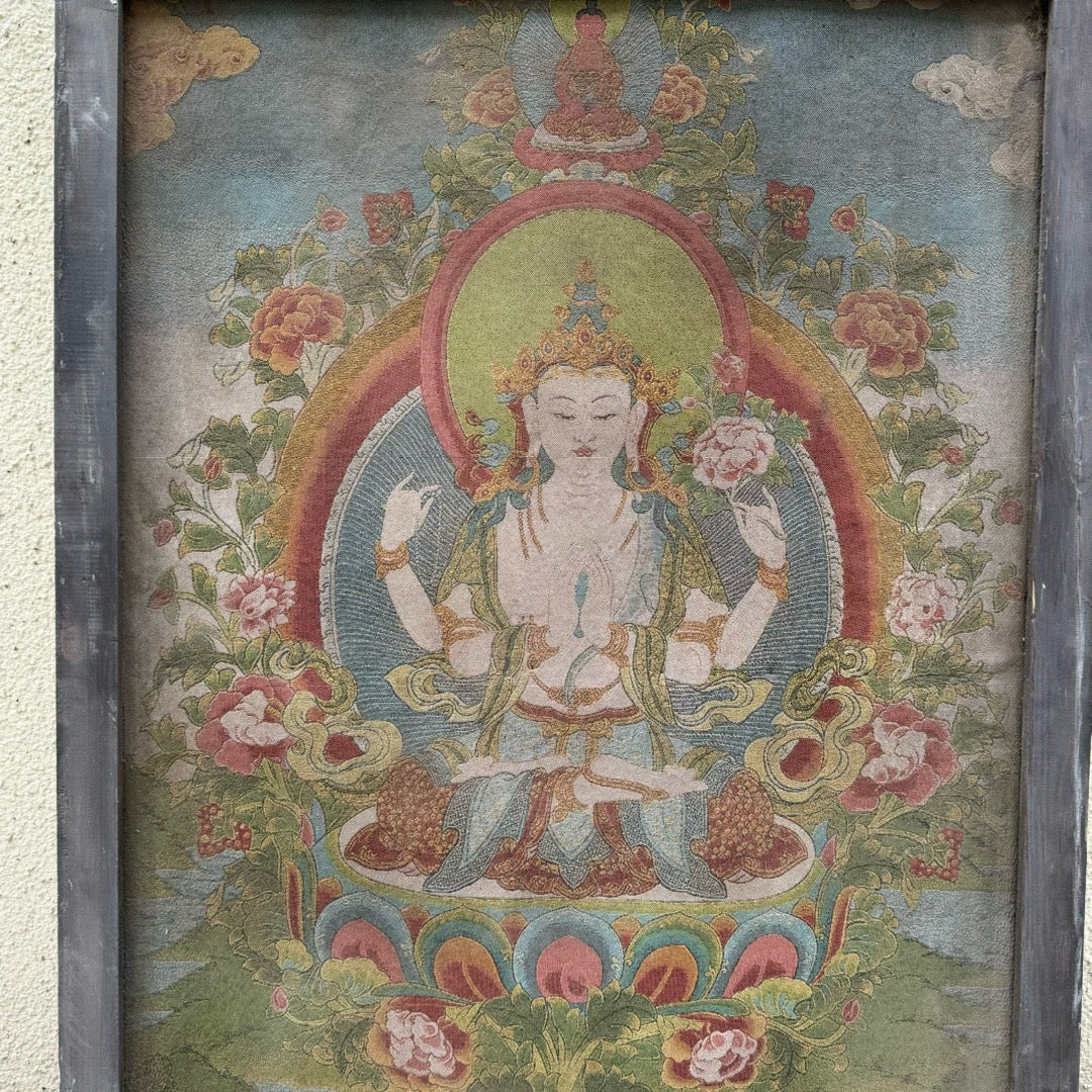 Wooden framed embroidered four armed Guanyin Buddha thangka