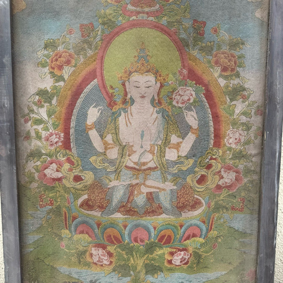 Wooden framed embroidered four armed Guanyin Buddha thangka