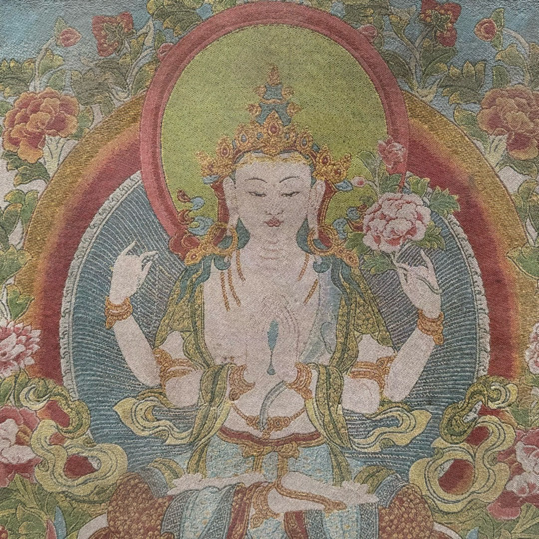 Wooden framed embroidered four armed Guanyin Buddha thangka